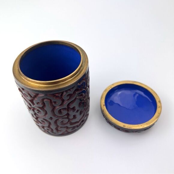 Antique Chinese Hand Carved Cinnabar Canister Jar Box Black and Red Blue Inside - Picture 9 of 14